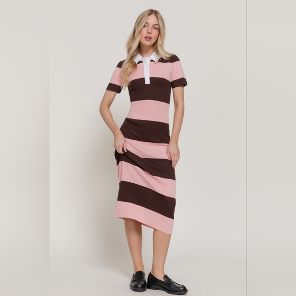 ​Active USA Striped Knit Polo Midi Dress - Pink & Brown Preppy Collared Sheath - Picture 2 of 14